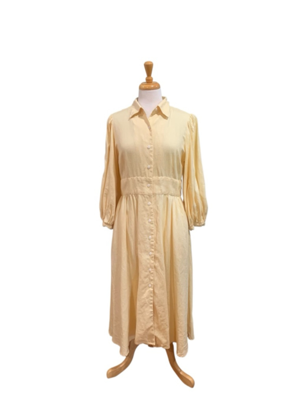 Women's BEHIDA DOLIC ButterYellow French Linen long sleeved Midi Dress L